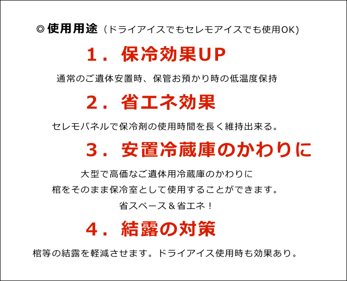 ◎使用用途（ドライアイスでもセレモアイスでも使用OK)
　　　　１．保冷効果UP
通常のご遺体安置時、保管お預かり時の低温度保持
　　　　２．省エネ効果
セレモパネルで保冷剤の使用時間を長く維持出来る。
　　　　３．安置冷蔵庫のかわりに
大型で高価なご遺体用冷蔵庫のかわりに
棺をそのまま保冷室として使用することができます。
省スペース＆省エネ！
　　　　４．結露の対策
棺等の結露を軽減させます。ドライアイス使用時も効果あり。